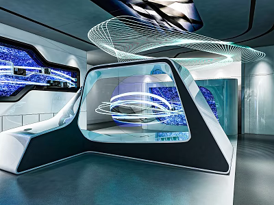 Modern Futuristic Retail Store Interior With Glass Display And Spiral Lighting Elements 3d model