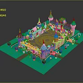 Colorful Castle Architecture with Pink Blue Turrets Central Open Square Green Lawns and Decorative Details