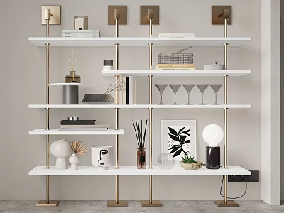Modern White Shelving Unit with Gold Metal Frame Displaying Decorative Items Books Plants and Glassware 3d model