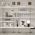 Modern White Shelving Unit with Gold Metal Frame Displaying Decorative Items Books Plants and Glassware