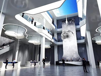Modern Lobby Front Desk Reception With Hanging Chandelier And Multi Level Structure 3d model