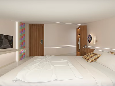 Hotel Room Interior With White Bed TV Wooden Wardrobe And Colorful Wall Decor 3d model