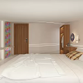 Hotel Room Interior With White Bed TV Wooden Wardrobe And Colorful Wall Decor