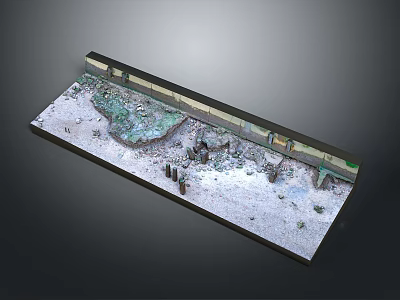 Snow Covered Scenic Landscape With Green Vegetation Patches And Scattered Ruins 3d model