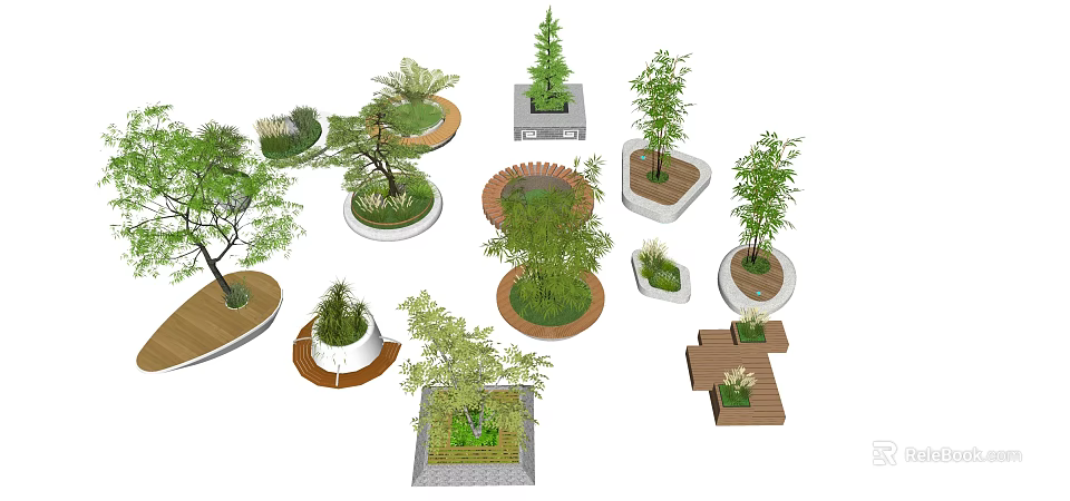 Various Tree Planters Designs With Different Shapes Materials And Green Plants 3d model