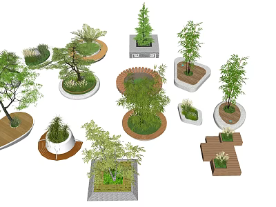 Various Tree Planters Designs With Different Shapes Materials And Green Plants 3d model
