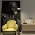 Yellow Single Sofa with Floor Lamp Wooden Cabinet and Black Portrait Wall Art