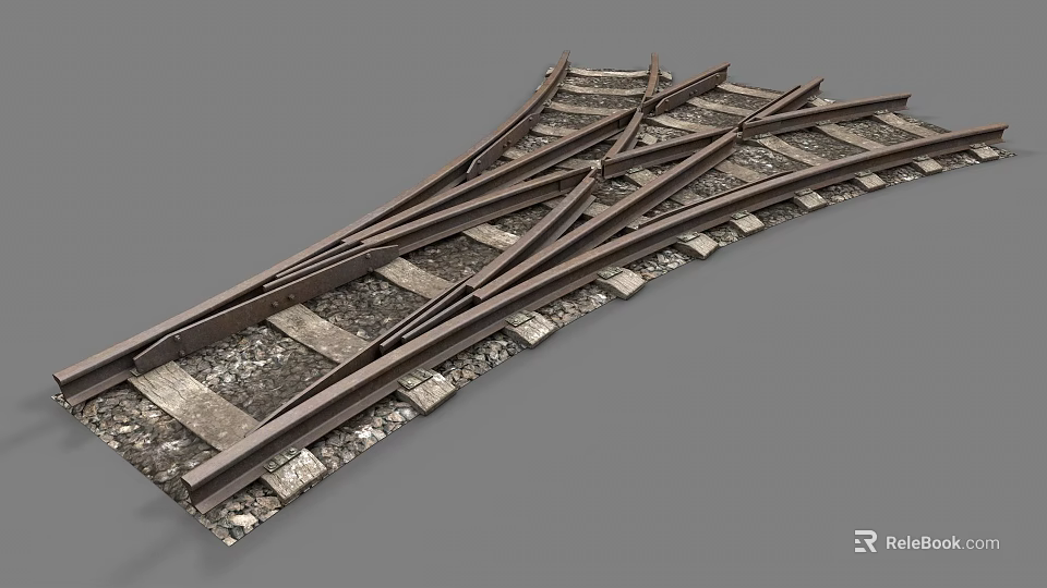 Railroad Switch Structure With Tracks Wooden Ties And Gravel Bed 3d model 
