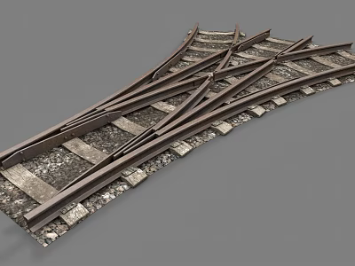 Railroad Switch Structure With Tracks Wooden Ties And Gravel Bed 3d model