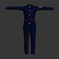Blue Military Style Uniform Suit With Long Sleeves Buttons Brown Belt Pockets And Epaulets