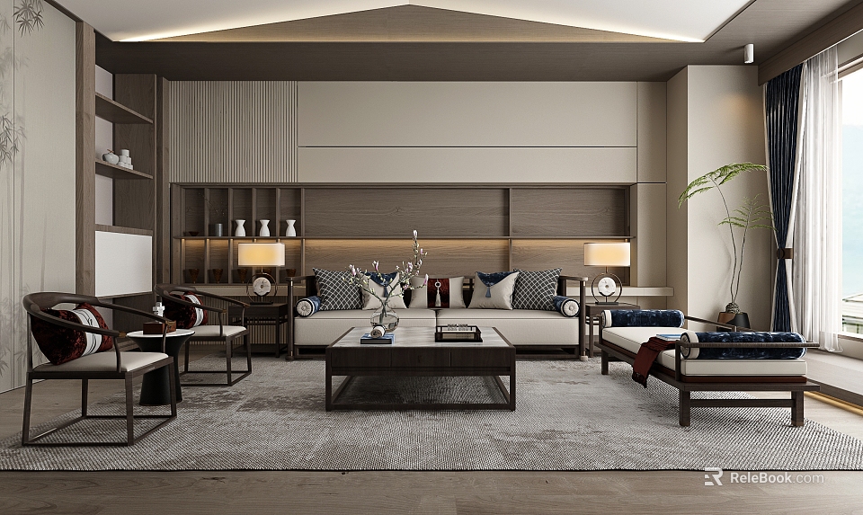 Modern Living Room Interior Design With Sofa Coffee Table Rug And Wooden Shelves 3d model 