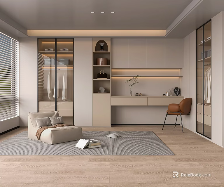 Modern Wardrobe Design In Stylish Dressing Room With Open Storage And Comfortable Sofa 3d model