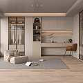Modern Wardrobe Design In Stylish Dressing Room With Open Storage And Comfortable Sofa 3d model