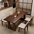 Dark Wooden Dining Table with White Chairs and Vase with Dried Flowers in Modern Kitchen