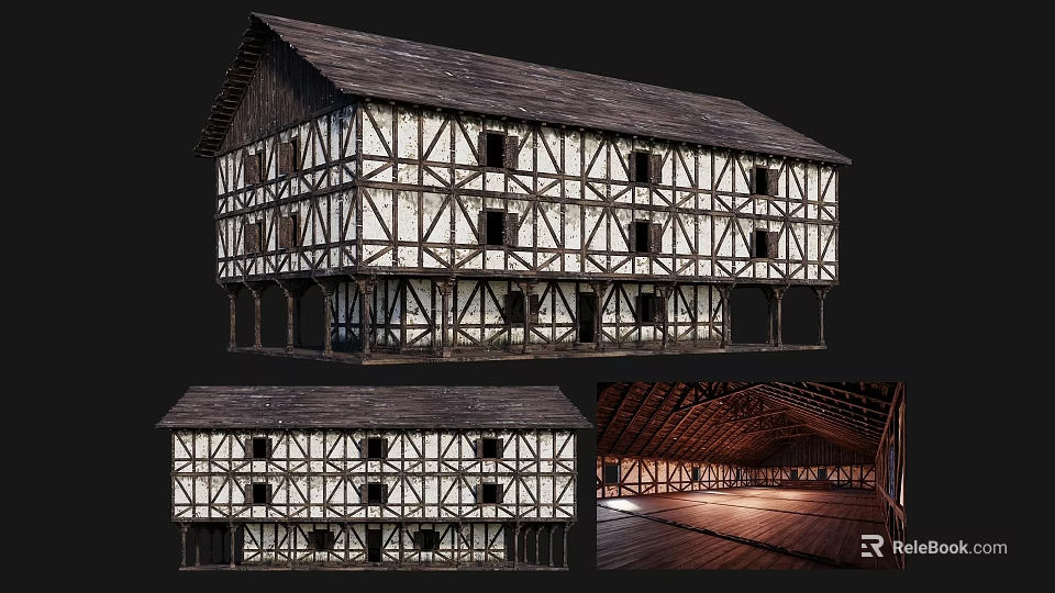 Ancient Traditional Building With Wooden Frame Structure Exterior And Interior Wooden Roof Details 3d model 