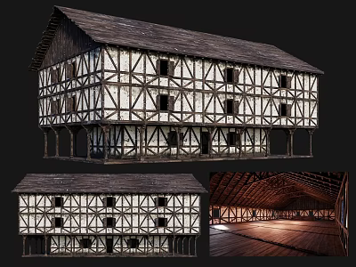 Ancient Traditional Building With Wooden Frame Structure Exterior And Interior Wooden Roof Details 3d model