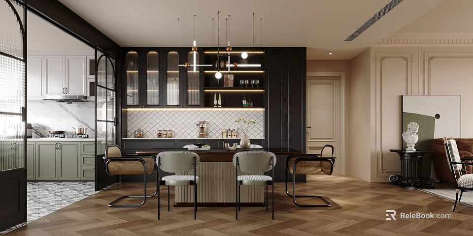 Modern Restaurant Interior With Open Concept Hanging Lights And Elegant Dining Table 3d model