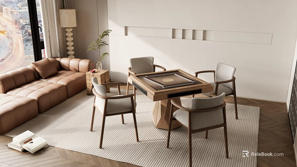 Modern Entertainment Table In Living Room With Sofa And Wooden Chairs Setup 3d model 