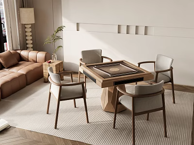 Modern Entertainment Table In Living Room With Sofa And Wooden Chairs Setup 3d model