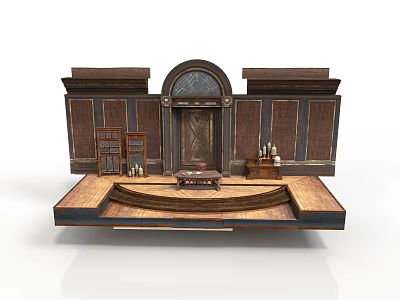 Classical Architectural Interior With Ornate Wooden Arch Door And Staged Platform 3d model