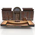Classical Architectural Interior With Ornate Wooden Arch Door And Staged Platform
