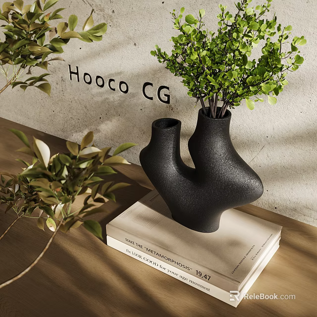 Black Unique Shaped Vase With Green Plants Placed On Books In Modern Interior 3d model 