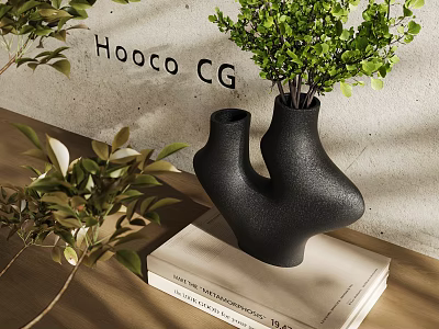 Black Unique Shaped Vase With Green Plants Placed On Books In Modern Interior 3d model