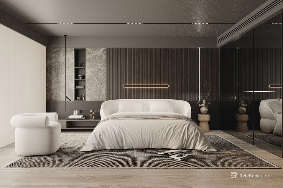 Modern Bedroom Interior With White Bed Wooden Wall Area Rug And Accent Chair 3d model 