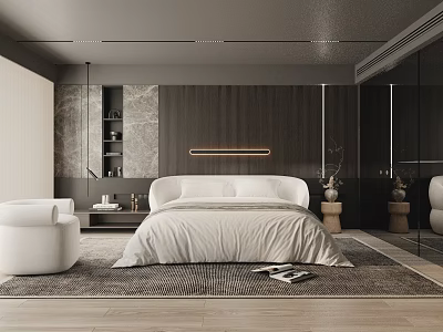 Modern Bedroom Interior With White Bed Wooden Wall Area Rug And Accent Chair 3d model