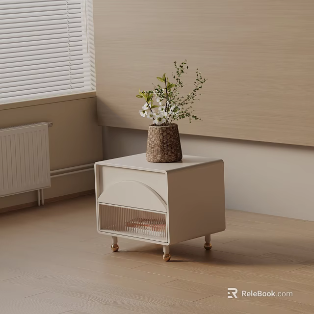 Modern Light Colored Nightstand With Curved Drawer Mesh Storage Gold Wheels And Potted Plant 3d model 