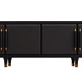 Black Leather TV Stand with Gold Metal Handles and Black Legs with Gold Accents