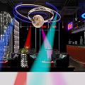 Modern Stylish Bar Interior With Neon Lights Circular Decor Moon Chandelier And Colorful Seating