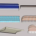 Various Awnings with Blue Brown Striped and Solid Patterns for Outdoor Spaces