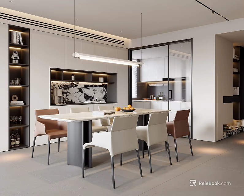 Modern Restaurant Interior With Elegant Dining Table Chairs Hanging Lights And Open Design 3d model