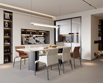 Modern Restaurant Interior With Elegant Dining Table Chairs Hanging Lights And Open Design 3d model