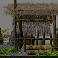 Courtyard Garden With Thatched Roof Wooden Pavilion Rock Formations Green Plants And Straw Stacks