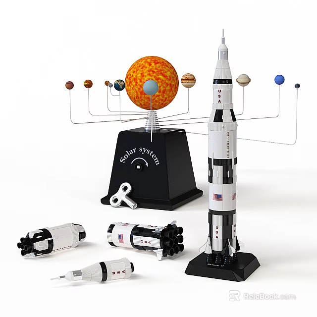 Detailed Solar System Model And Rocket Toys Display With Educational Components 3d model