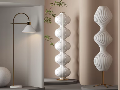 Modern Floor Lamp In Neutral Room With Bamboo And Sculptural Lamps 3d model