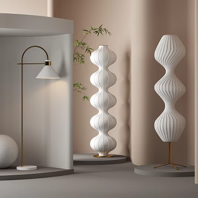 Modern Floor Lamp In Neutral Room With Bamboo And Sculptural Lamps 3d model