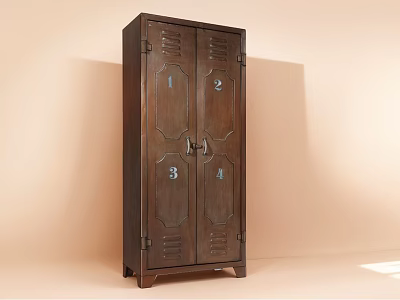 Vintage Wooden Decorative Cabinet With Numbered Doors And Metal Hardware On Light Background 3d model
