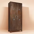Vintage Wooden Decorative Cabinet With Numbered Doors And Metal Hardware On Light Background