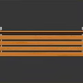 Architectural Outdoor Wooden Bench Featuring Orange Slats White Metal Legs And Smooth Black Ground Reflection