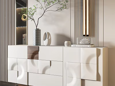 Modern White Entryway Cabinet And Side Cabinet Design With Vase Green Plant And Storage 3d model