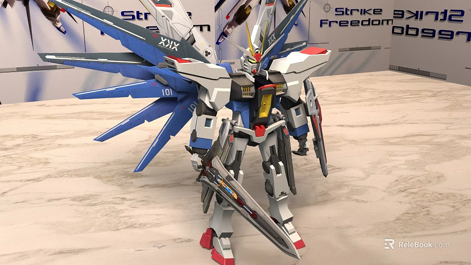 Strike Freedom Gundam Model With Blue White Wings And Weapons 3d model 