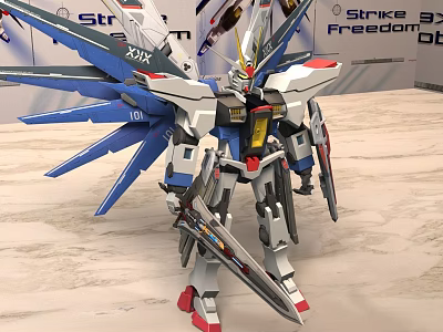 Strike Freedom Gundam Model With Blue White Wings And Weapons 3d model