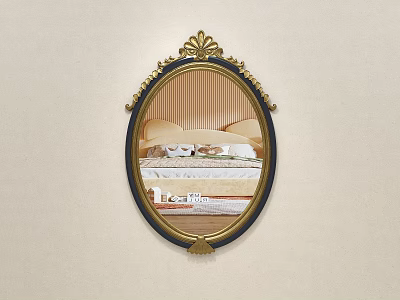 Oval Mirror with Gold and Black Ornate Frame Reflecting Bed and Striped Wall 3d model