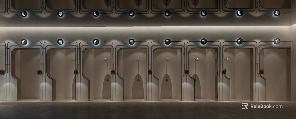 Modern Public Restroom With Multiple Stalls And Sleek Lighting Design 3d model