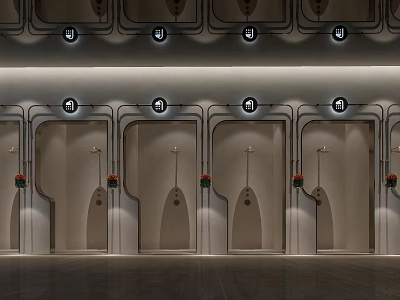 Modern Public Restroom With Multiple Stalls And Sleek Lighting Design 3d model