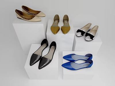 Elegant Women's Flat Shoes in Beige Gold Black Blue Displayed on White Cubes 3d model