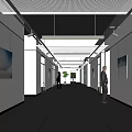 Office Corridor With White Walls Hanging Paintings Standing Person And Ceiling Light Strips